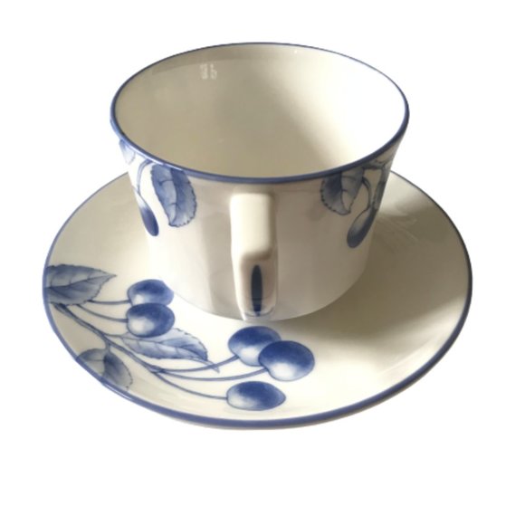 Tiffany & Co Nature Teacup Saucer Set White Blue Cherry Cup Mug China RARE - Picture 2 of 10